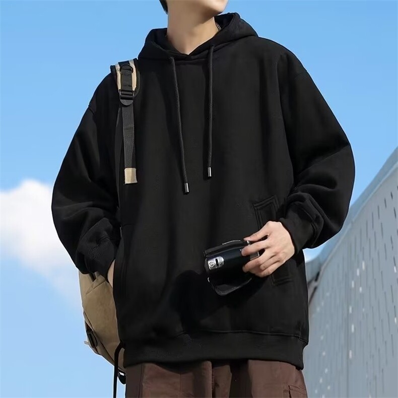 W05-P50重磅简约连帽套头卫衣男士秋冬纯色叠穿休闲宽松灰色,男装卫衣,电商B323A