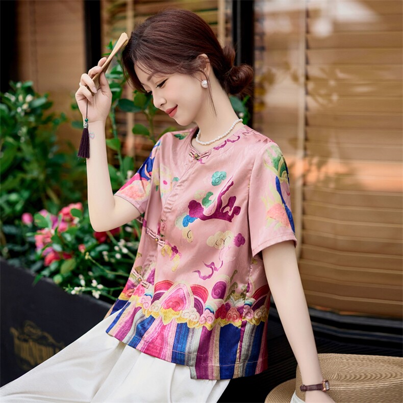 现货！夏季新款2025套装女轻奢高级感印花醋酸缎面两件套,女装套装/套裙,涵墨