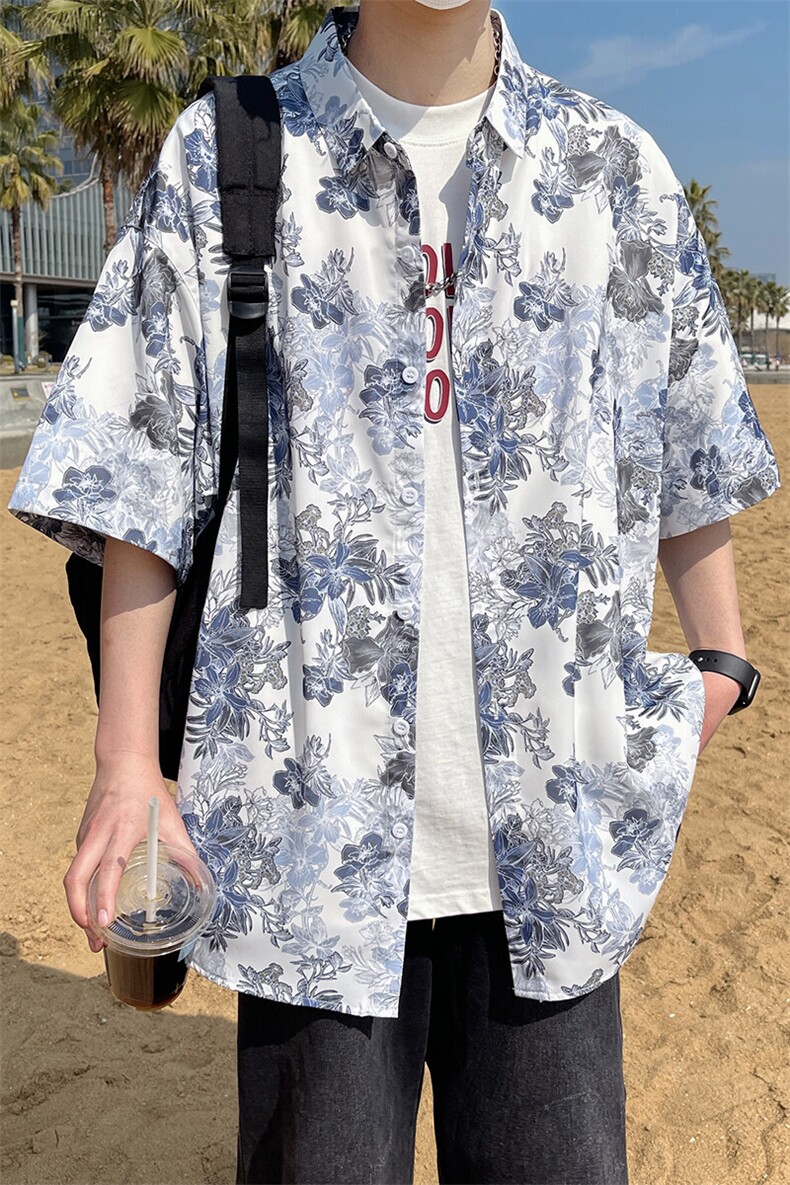 精品花衬衫大码男短袖夏季痞帅休闲上衣服外套翻领衬衣A012/P35,男装衬衫,电商A012