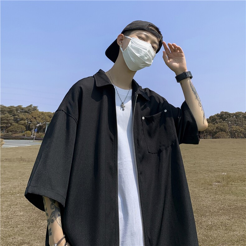 DC409-P35暗黑日系风男装高街潮牌拉链衬衫男短袖高级感衬衣外套,男装衬衫,星座603-2
