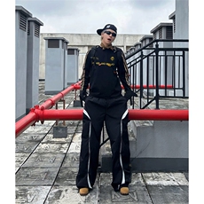 抖音得物式高街重磅结构织带假两件双纱纯棉印花长袖T恤AW10301，男装T恤，电商A443