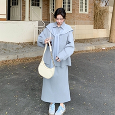 慵懒松弛感蓝色披肩衬衫套装裙女2025春季新款学院风半身裙两件套，女装套装/套裙，2C108