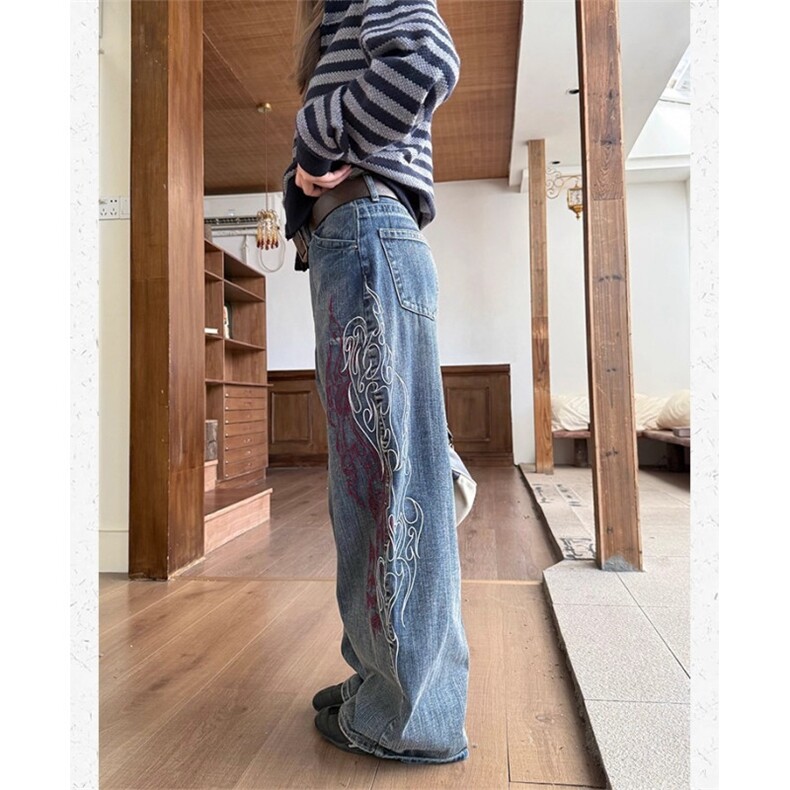 美式复古刺绣宽松直筒竹节纹牛仔裤男女阔腿街头cleanfit长裤潮,男装牛仔裤,四季星座505