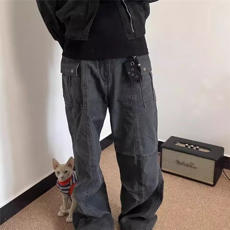 美式复古水洗做旧工装裤男四季潮小众宽松直筒阔腿裤口袋伞兵裤,男装牛仔裤,星座506A