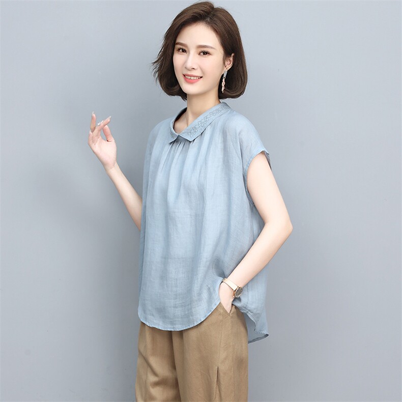 2022年夏季新款苎麻衬衫女短袖简约衬衣妈妈棉麻夏装上衣,女装衬衫,忆绮罗