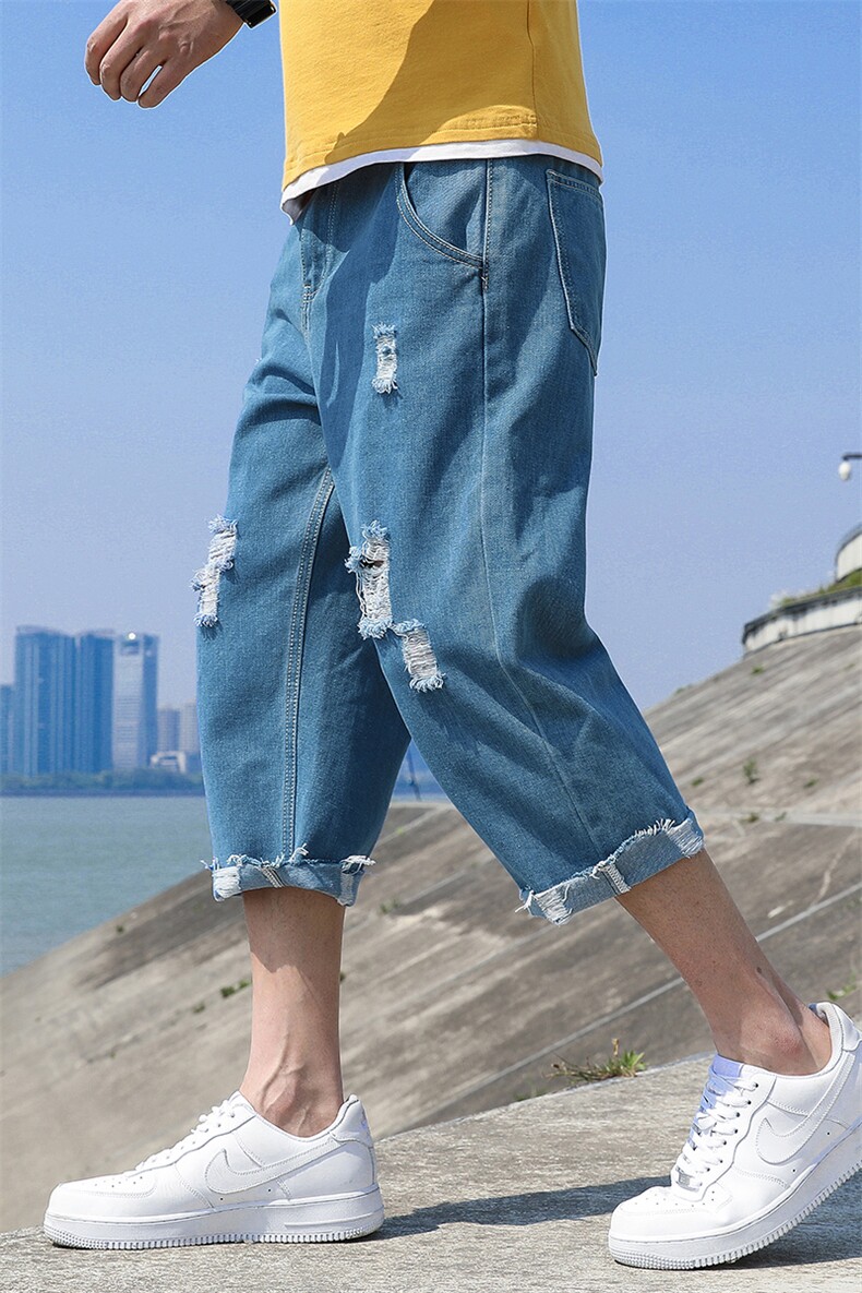夏季薄款潮牌牛仔裤男韩版潮流直筒中裤宽松破洞七分裤潮8301-P50,男装牛仔裤,电商A318
