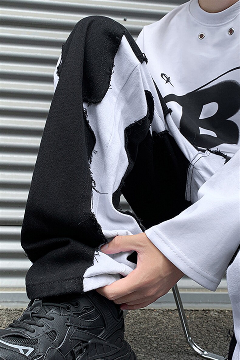 8XL-M特大码美式高街ins小众vibe鸳鸯黑白拼接直筒牛仔裤K929P60,男装休闲裤,电商D206-1