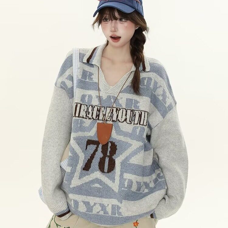 D069-P57字母蓝色显瘦毛衣女秋冬慵懒风软糯宽松POLO衫套头,男装针织衫/毛衣,电商B323A