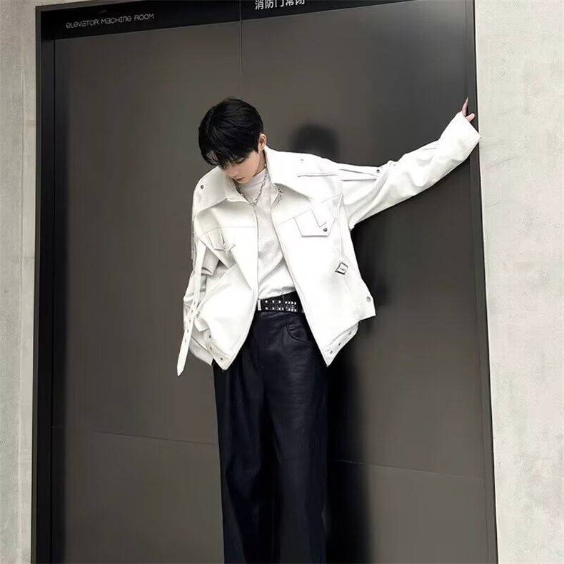 美式潮牌小众重工解构pu皮衣夹克外套男金属设计感高级感机车服男,男装夹克,星座506A