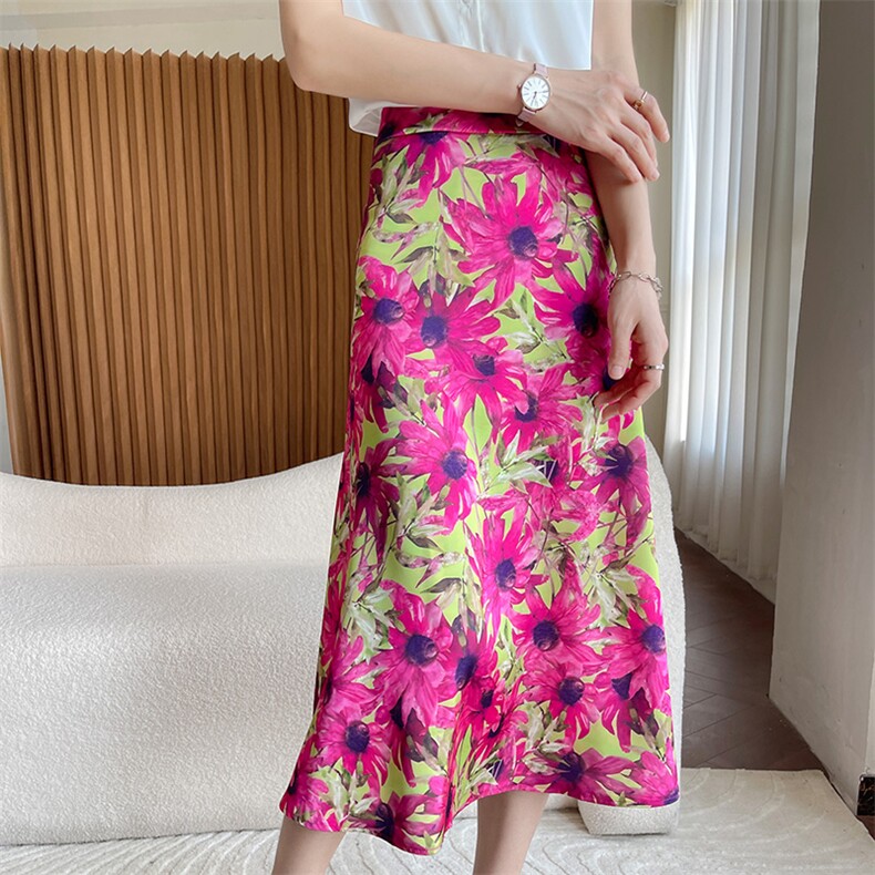 醋酸缎面真丝半身裙女2023春夏新款桑蚕丝高腰A字中长款印花长裙,女装半身裙,朝贺羊绒