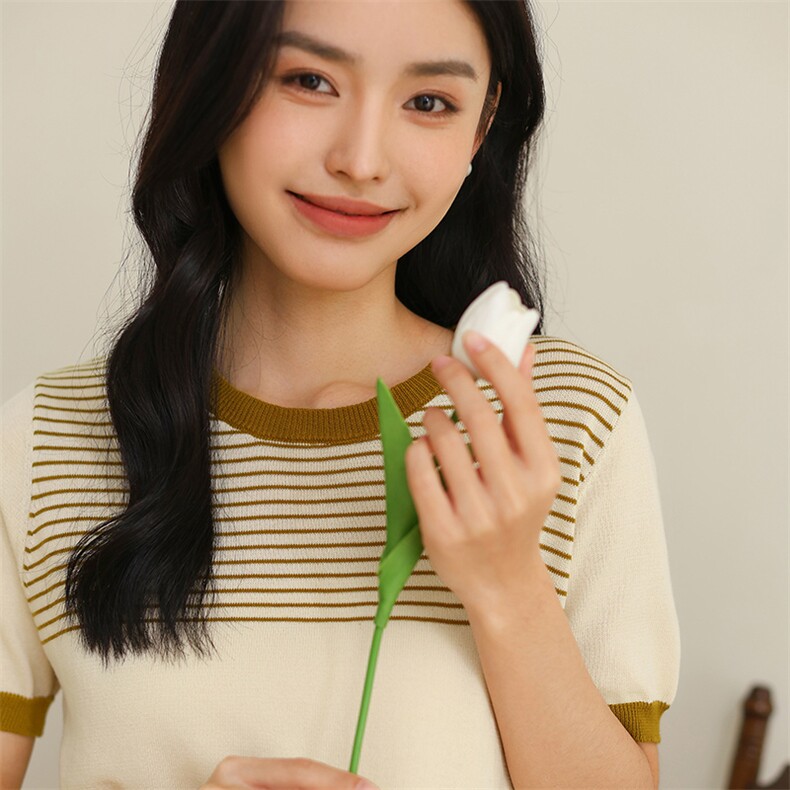 法式小香风条纹纯棉针织衫女短袖夏气质海魂衫别致圆领T恤上衣薄,女装T恤,伊绒腾羊绒