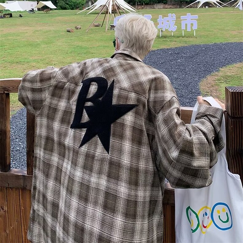 2023日系格子翻领长袖衬衫男女潮牌宽松BF风休闲情侣外套,男装衬衫,星座601-2