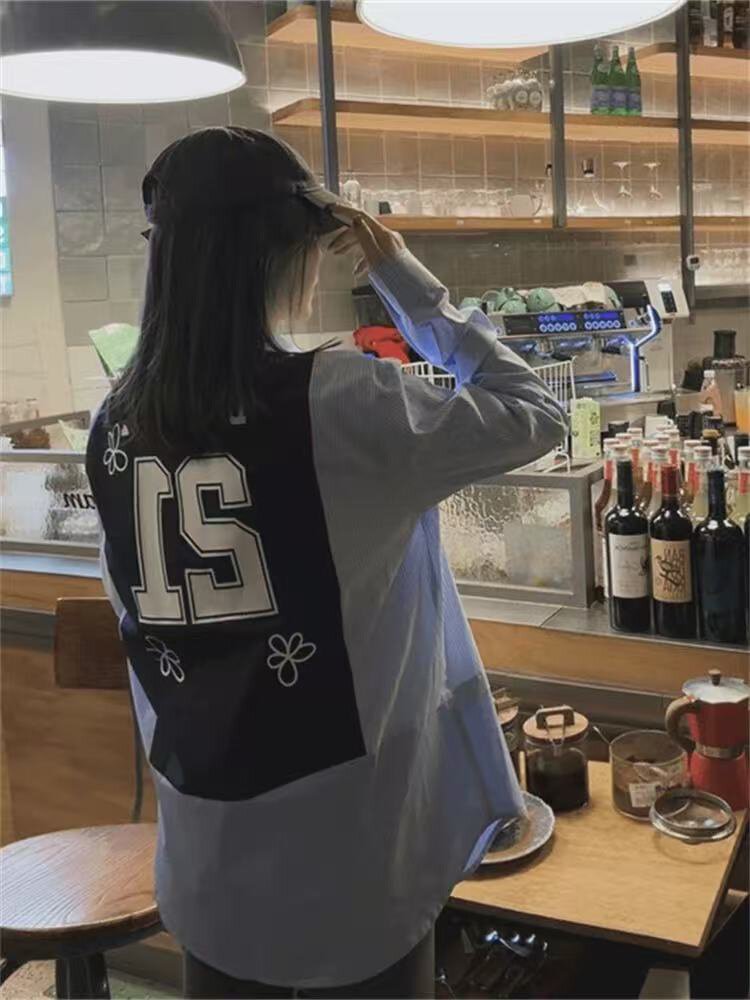 韩系设计感拼接长袖衬衫2025春季新款时尚宽松显瘦上衣,女装衬衫,湘姗