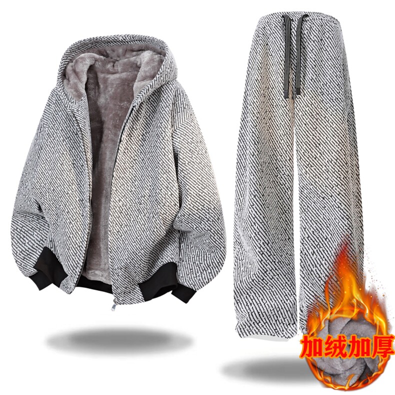 加绒青年银丝亮晶晶斜纹宽松休闲连帽套装J5016-加绒P120常规90，男装休闲套装，星座310B