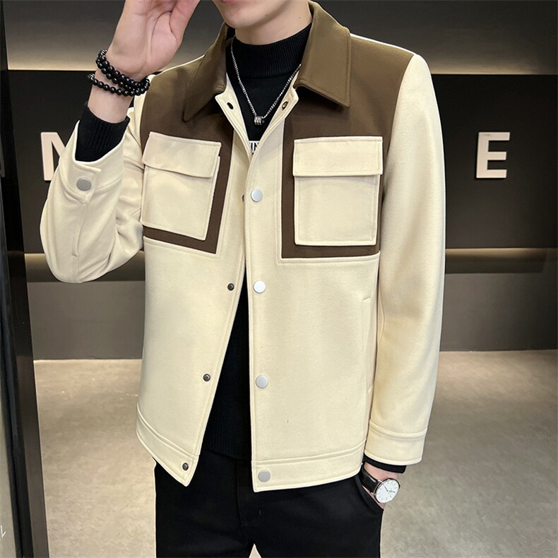 2023秋季新品男士秋冬短款修身衣潮流休闲撞色呢料外套，男装毛呢大衣，电商B248
