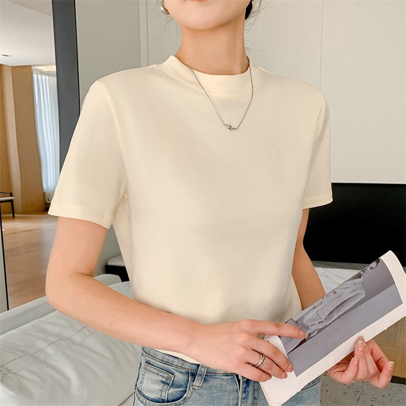 2025年秋季纯色日常半高领薄款不连帽短袖免烫处理时尚百搭,女装T恤,蒙亿羊绒
