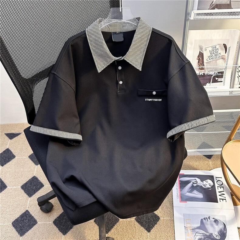 2025新款美式格纹拼接珠地精短袖polo衫T恤男女ins上衣WB475-P35,男装Polo衫,星座412-3