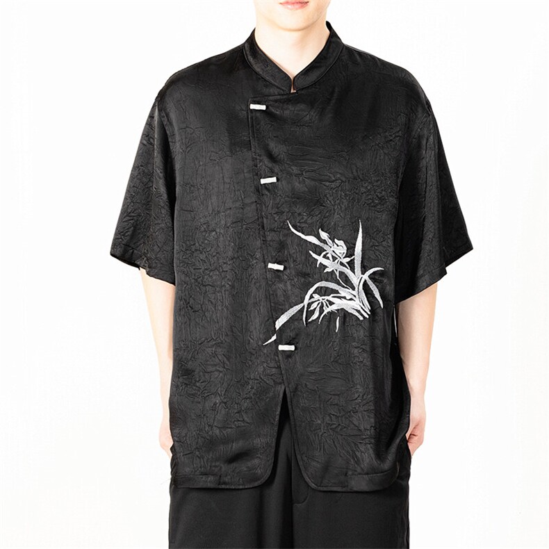 高级感中式风格缎面抓花兰花刺绣斜门襟衬衫T2521-P65控98,男装衬衫,电商A021
