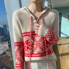 时尚新款连帽抽绳羊毛衫女宽松显瘦长袖毛衣冬季保暖针织衫，女装羊毛衫，宇灿羊绒