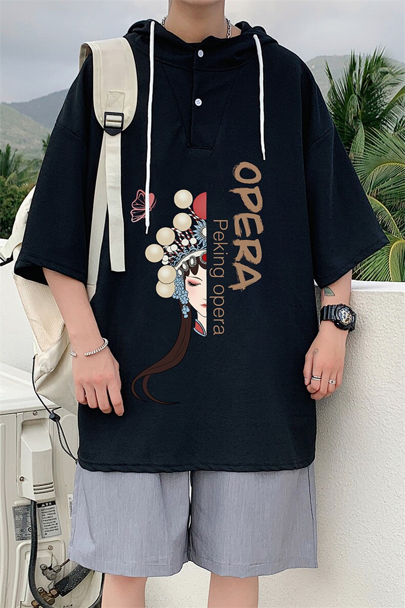LD54161-P45连帽短袖t恤男大码胖子带帽五分袖中袖,男装T恤,电商A040