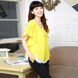 时尚宽松雪纺衫女夏季新款韩版百搭显瘦短袖上衣蓝色甜美衬衫，女装蕾丝衫/雪纺衫，雪樱依海