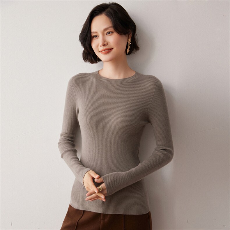 秋冬新款洋气时尚百搭显瘦女款精纺一线成衣圆领35%羊绒衫,女装羊绒衫,艾巧羊绒