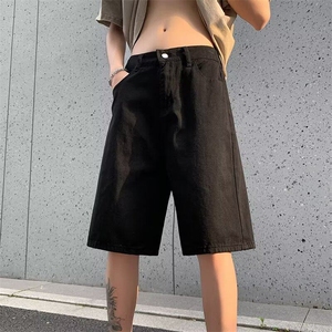 美式复古水洗牛仔短裤男夏季薄款宽松直筒阔腿裤高街潮牌五六分裤图片