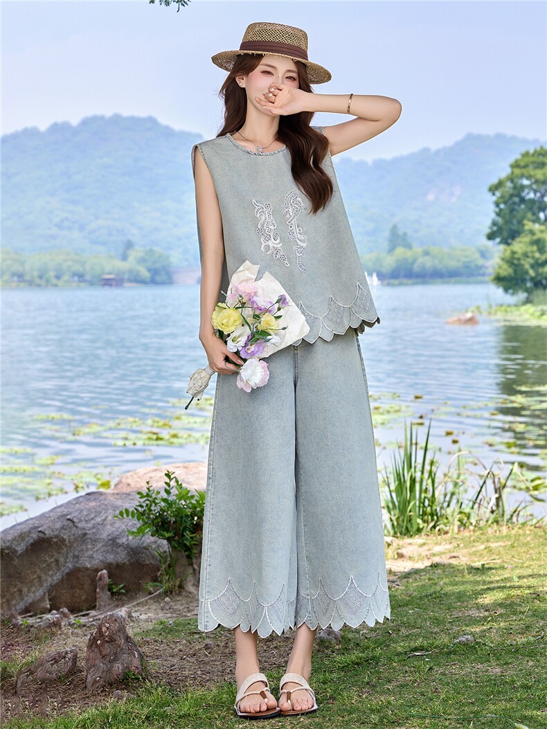 现货2026年夏季重工刺绣潮牛仔新款两件套装,女装套装/套裙,艾仟回(原伊仟回)