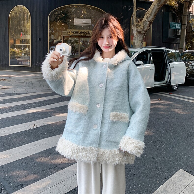 现货毛呢拼接羊羔毛夹棉加厚外套2025冬新款303-N6866-P175-K258，女装毛呢外套，宁宁家