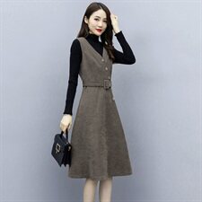 冬装新款时尚毛呢背心裙两件套（配腰带）舒适修身气质优雅，女装套装/套裙，岚衣(原川流布茜）