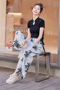 2024新款新中式水墨G风套装女夏季时尚短袖t恤直筒裤两件套图片