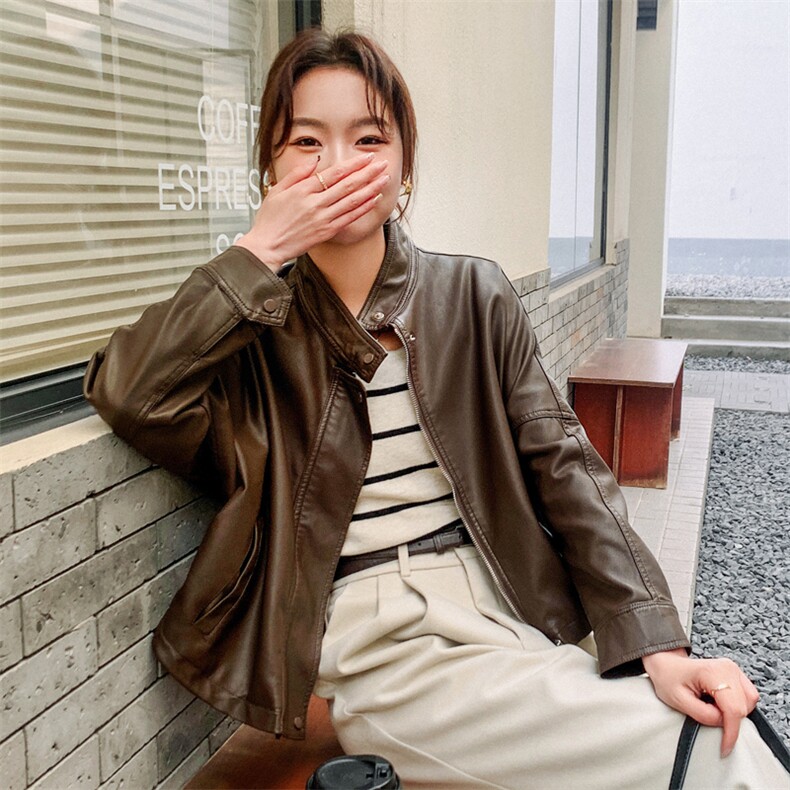 现货2025秋季女装新款时尚洋气机车款小个子短款皮衣外套223-1302,女装皮衣,莘蕾