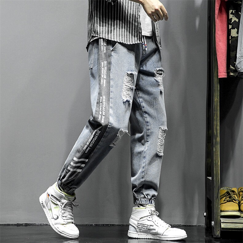2021春秋季新日系大码束脚印花撞色拼接九分破洞牛仔裤男N8105-P50,男装牛仔裤,电商A001