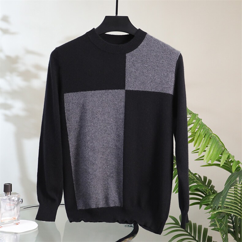 山羊绒男士圆领毛衣秋冬新款拼色针织衫厚实保暖打底羊毛衫，男装羊绒套衫，绒美人羊绒