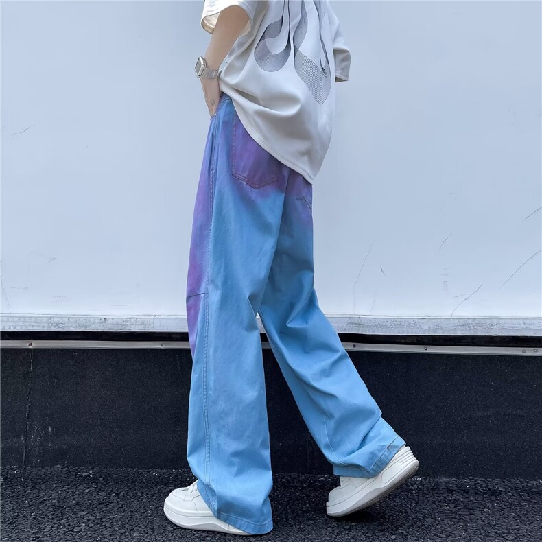 潮牌痞帅炸街牛仔裤做旧彩虹撞色直筒裤美式高街男裤子N8188-p55,男装牛仔裤,星座1008