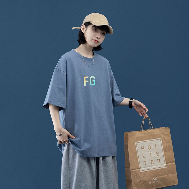 2024夏季新款宽松大码中性风反光FG男女运动短袖纯棉T恤T1915-P22,男装T恤,星座508（原C305）