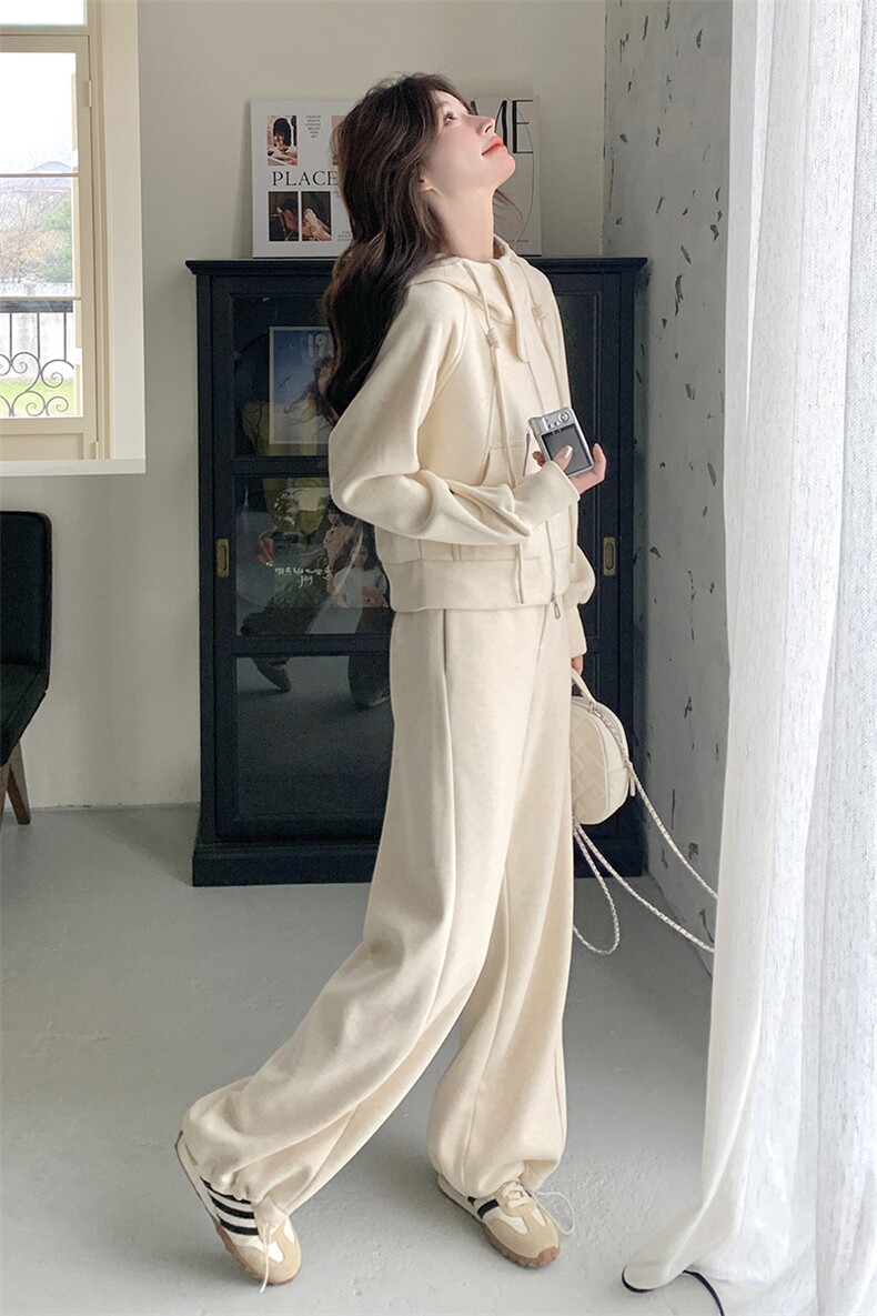 韩版米色休闲运动套装女2025春秋季新款显瘦蕾丝卫衣阔腿裤两件套,女装套装/套裙,2C088