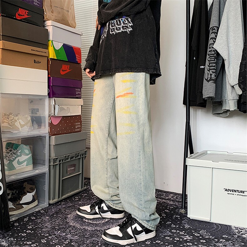 美式复古牛仔裤黄泥泼墨水洗高街男女直筒长裤N0547-P53,男装牛仔裤,星座308B-1
