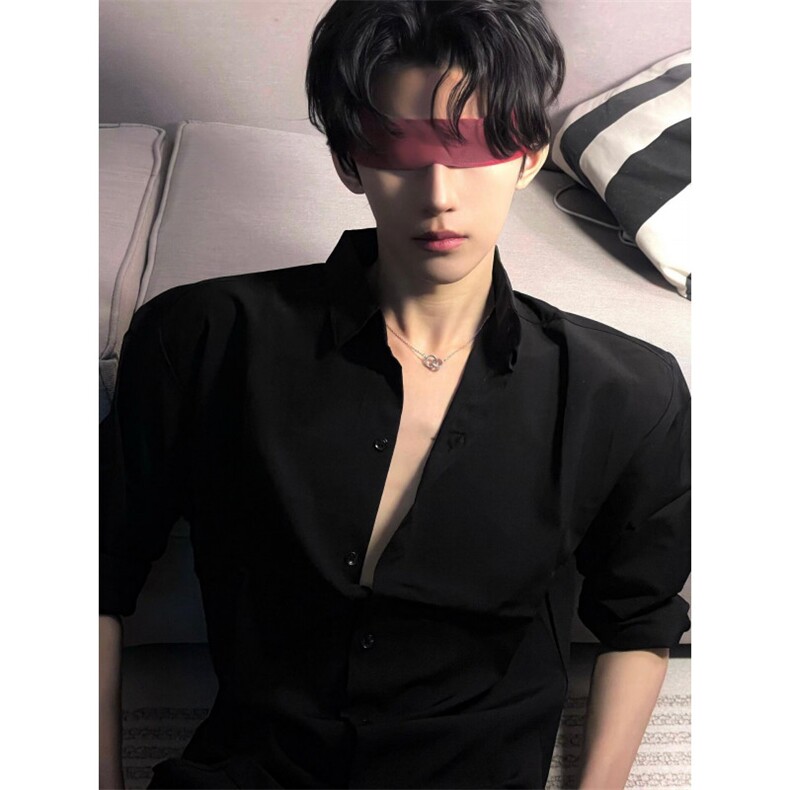 黑色防晒衬衫男款短袖夏季痞帅高级感冰丝衬衣美式高街正肩五分袖,男装衬衫,星座1007（原301D）