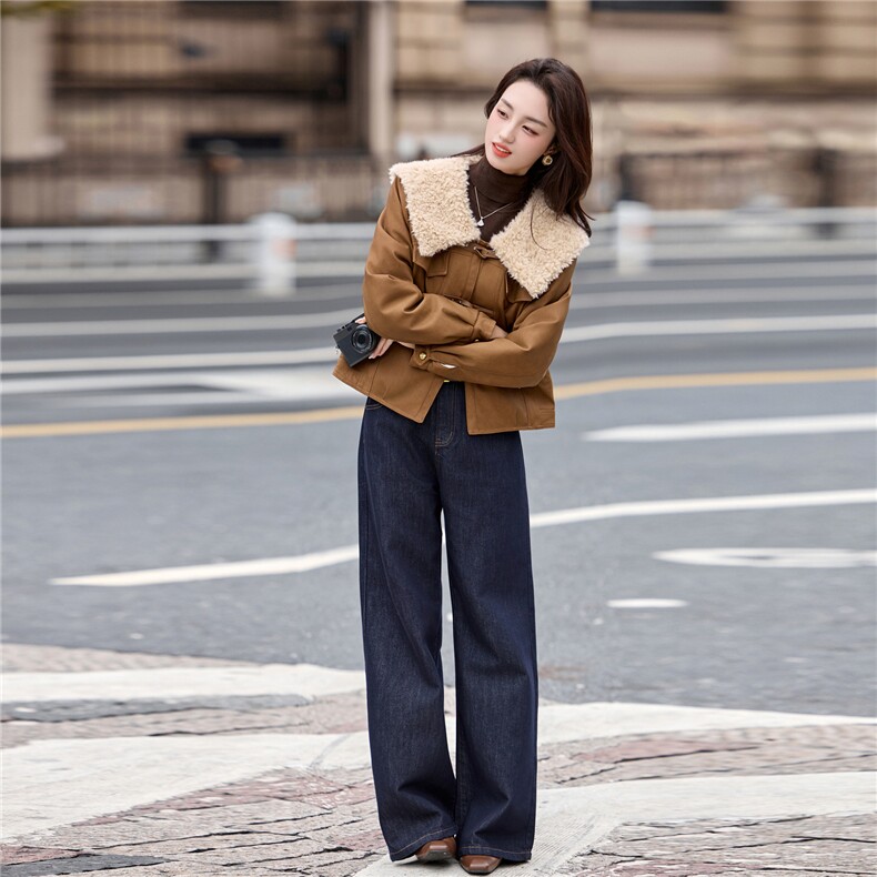 2025年冬季新款pu皮棉拼接毛领休闲皮棉外套,女装棉衣/棉服,乐吉娜