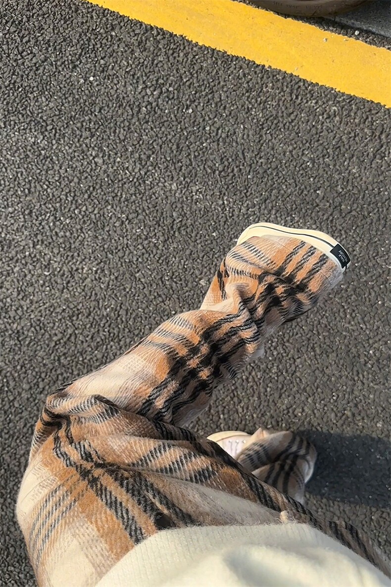 新款毛呢腰部撞色港风抗皱设计大码拖地格子裤男K24115-特P35控68,男装休闲裤,电商A001