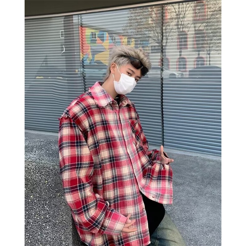 春款美式复古格子衬衫男士春秋新款潮流百搭拼色长袖衬衣外套,男装衬衫,星座1013