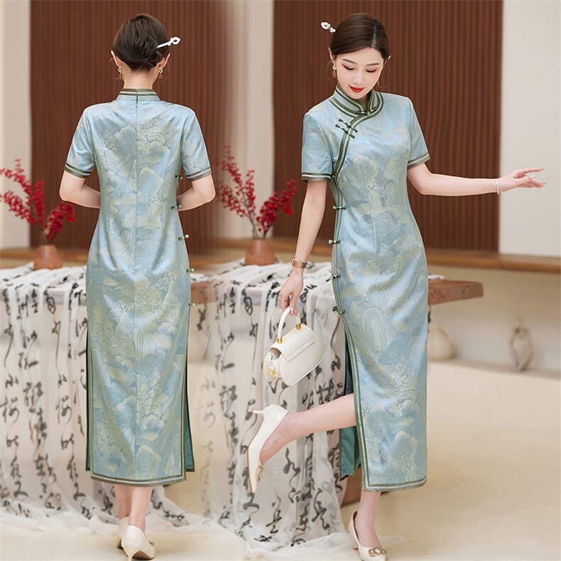 春夏季新款设计简约时尚大气长款专柜品质真丝提花旗袍连衣裙，女装汉服/婚纱/旗袍/礼服，小荷流