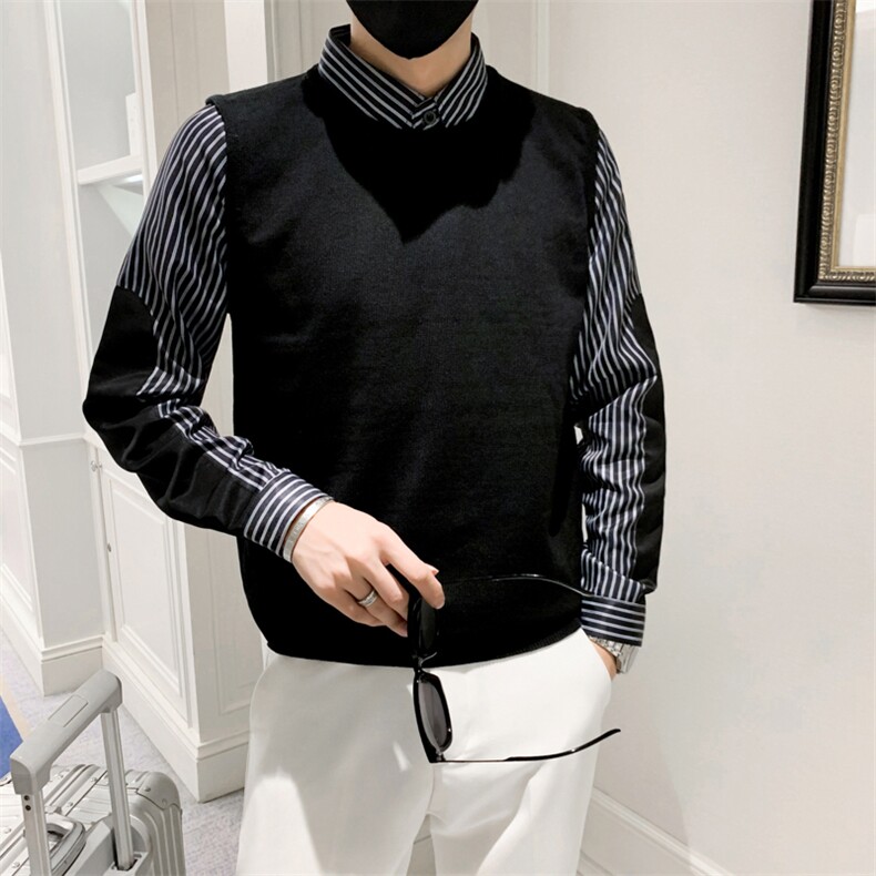假两件针织衫男2024冬季新款休闲潮流衬衫领长袖男士条纹毛衣Q801图片