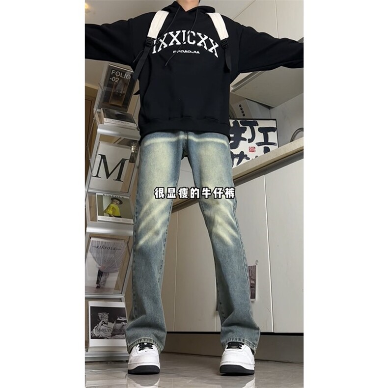 视频切片美式高街牛仔裤水洗做旧微喇修身vibe裤子1213-NZ22-P55,男装牛仔裤,星座1213