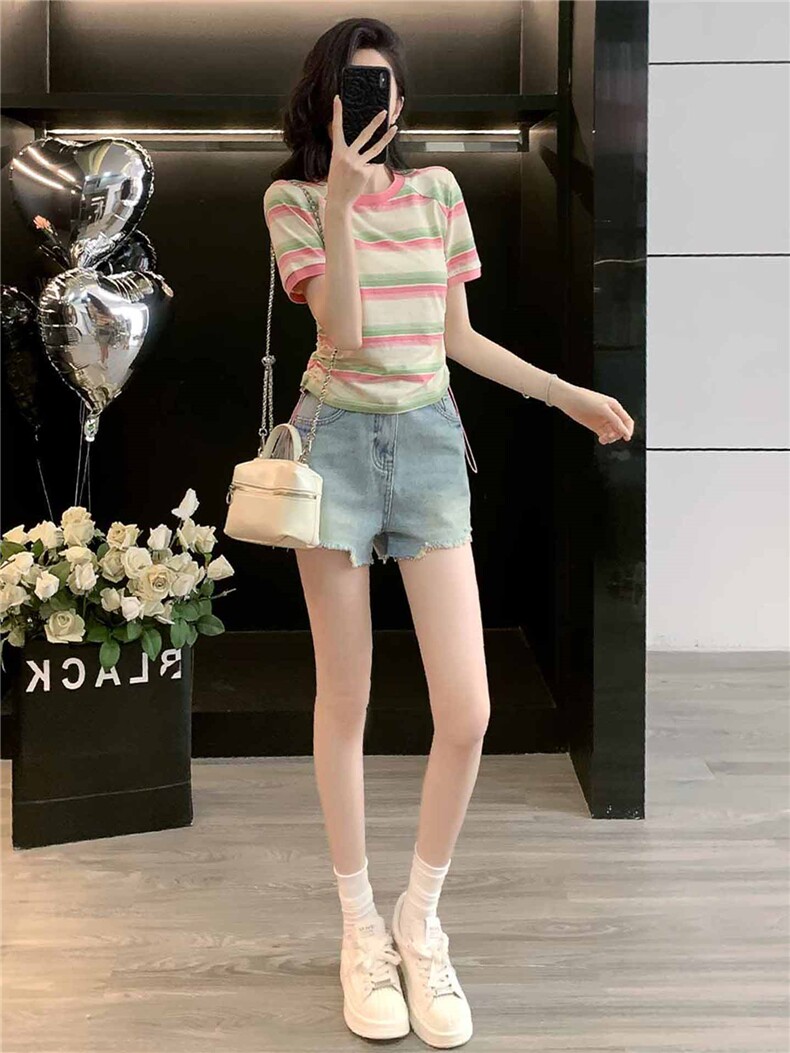 女夏季新款韩版运动休闲套装修身显瘦圆领条纹短袖牛仔短裤两件套,女装套装/套裙,江南