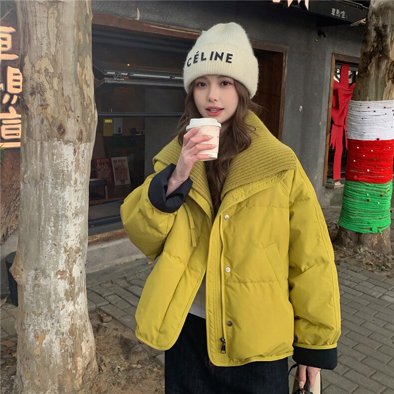 黄色韩系针织拼接羽绒服女2025冬季新款小个子宽松保暖白鸭绒外套,女装羽绒服,2B113