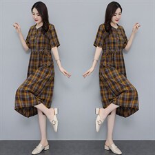 现货，2022夏装新款短袖棉麻格子长款连衣裙，女装连衣裙，依万里