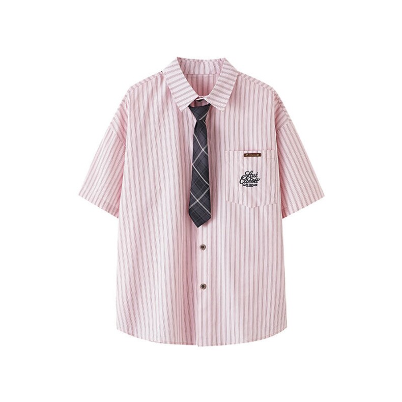 wassuphappy短袖衬衫男夏季潮牌学院风宽松翻领衬衣条纹休闲外套,男装T恤,电商A059
