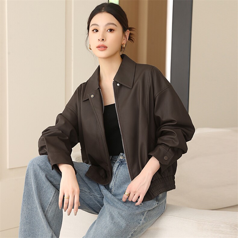 皮衣外套女短款2025春秋新款宽松大码中年妈妈小个子洋气夹克上衣,女装皮衣,七禧